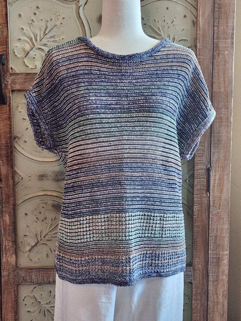 *NEW* PureJill Blue Striped Cotton Linen Modal Knit Short Sleeve Sweater